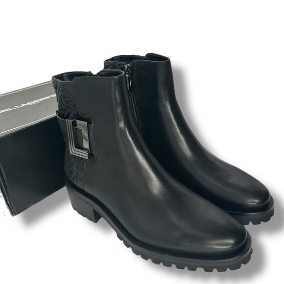 NEW Karl Lagerfeld Black Bootie Size 10 Lug Sole Leather Ankle Boot Combat Moto - Picture 7 of 11